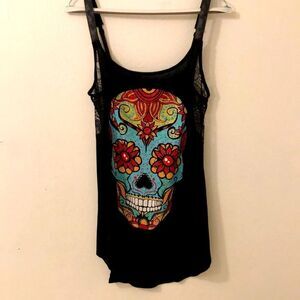 Jawbreaker Black Graphic Skull Long Tank Top